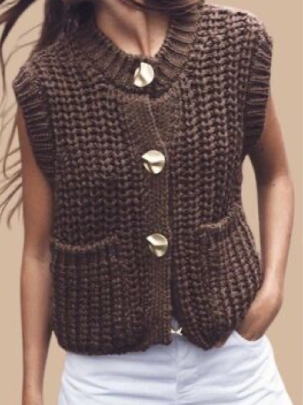 Zara Brown Chunky Knit Vest with Buttons Size M NWT